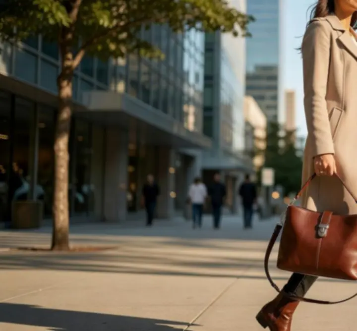 Magas felbontású lifestyle fotó egy elegáns női kézitáskáról viselés közben.
