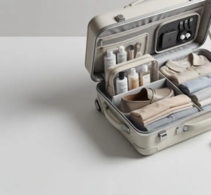 Gondosan bepakolt utazótáska és kiegészítők semleges háttér előtt