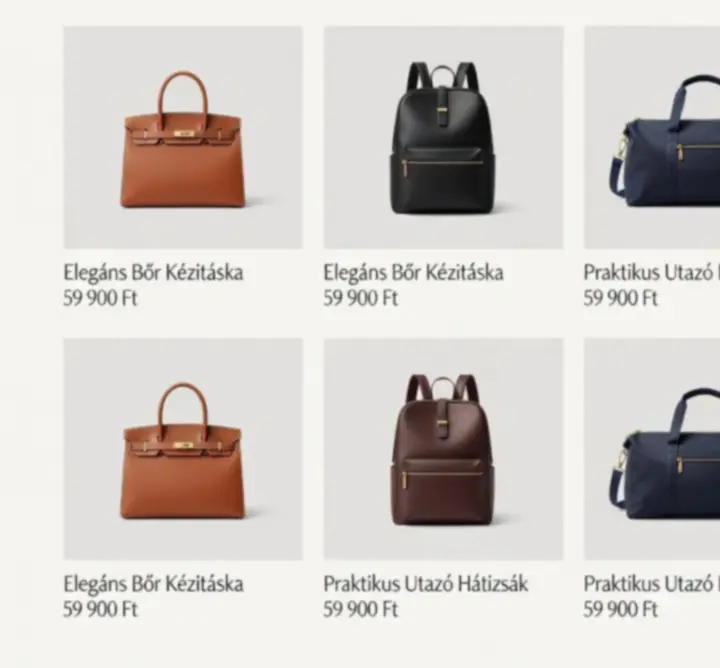 Letisztult, kategóriákba rendezett táska kollekciók vizuális áttekintése